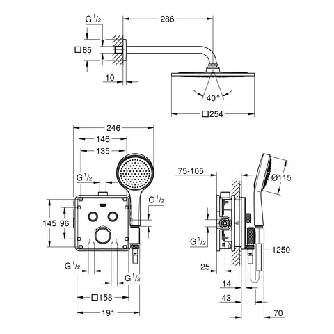 GROHE Duschsystem Unterputz Grohtherm SmartControl 34742, mit Unterputz-Thermostat mit 2 Absperrventilen und integriertem Brausehalter, Rainshower F-Series 10“ Kopfbrauseset, chrom