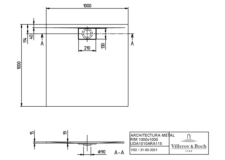 Villeroy & Boch Duschwanne Architectura 1000x1000x15mm Quadrat Anthrazit DA1010ARA115V1S
