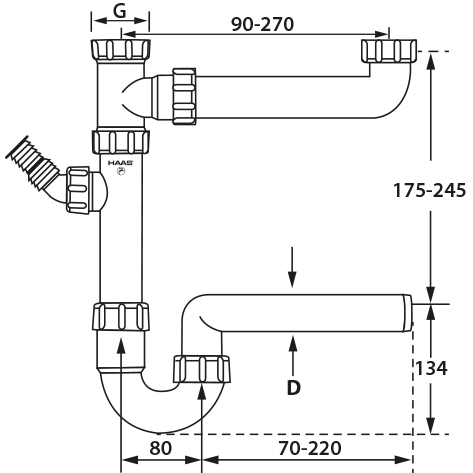 HAAS PP-Doppelspülensiphon 11/2 X 11/2 mit einem Geräteanschluss DN 40, nach DI