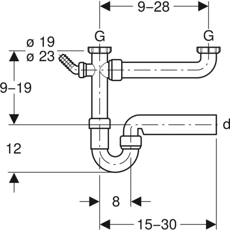 Geberit Rohrbogengeruchsverschluss für zwei Spülbecken Abgang horizontal G1 1/2x50 OM