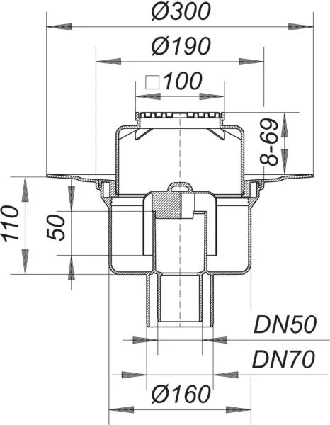Dallmer Bodenablauf 61 HT/E, DN 50/DN 70, 100 x 100 mm