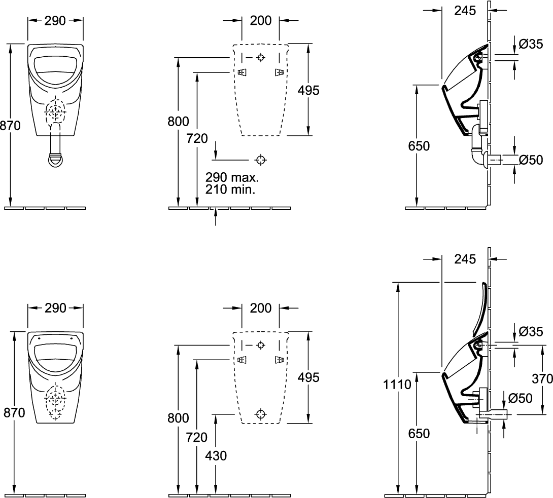 Villeroy & Boch Absaug-Urinal Compact O.novo 755700, 245 x 290 x 495 mm, Oval, ohne Deckel, Zulauf verdeckt, Weiß Alpin