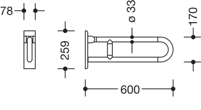 HEWI Stützklappgriff Serie 801, drehbar, Stahlkern, L:600mm
