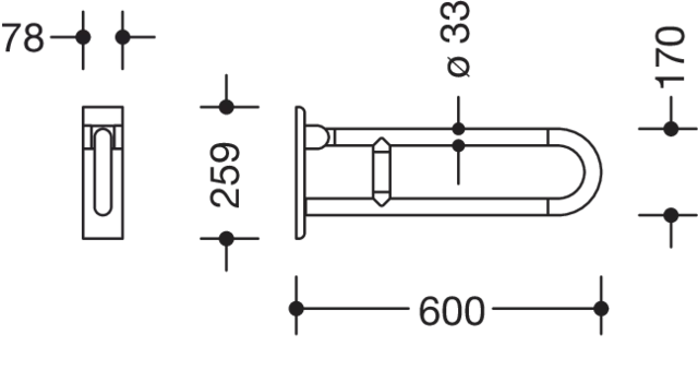 HEWI Stützklappgriff Serie 801, drehbar, Stahlkern, L:600mm