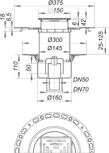 Dallmer Dünnbett-Bodenablauf 61 HT/VC, DN 50/DN 70, 150 x 150 mm