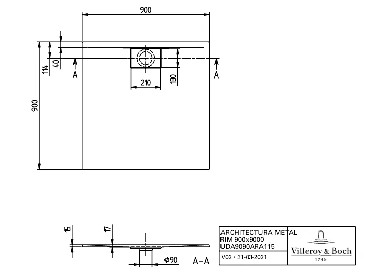Villeroy & Boch Duschwanne Architectura 900x900x15mm Quadrat Anthrazit DA9090ARA115V1S