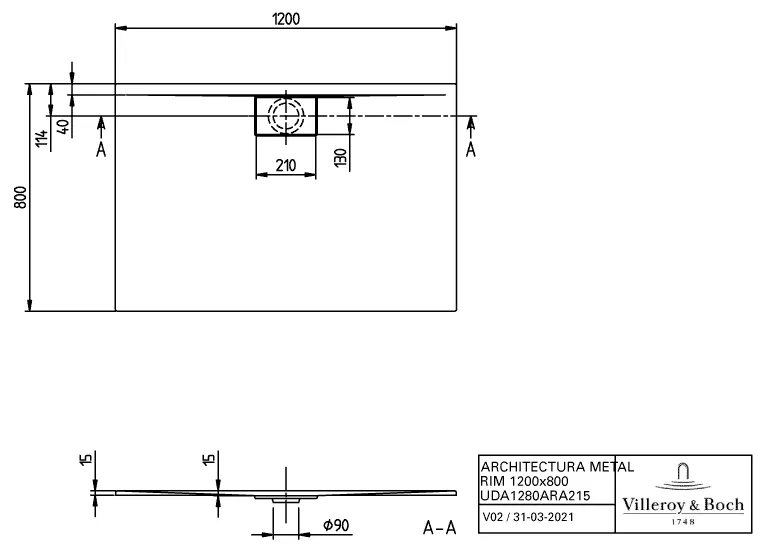 Villeroy & Boch Architectura Duschwanne MetalRim 1200x800x15mm weiß alpin DA1280ARA215V01